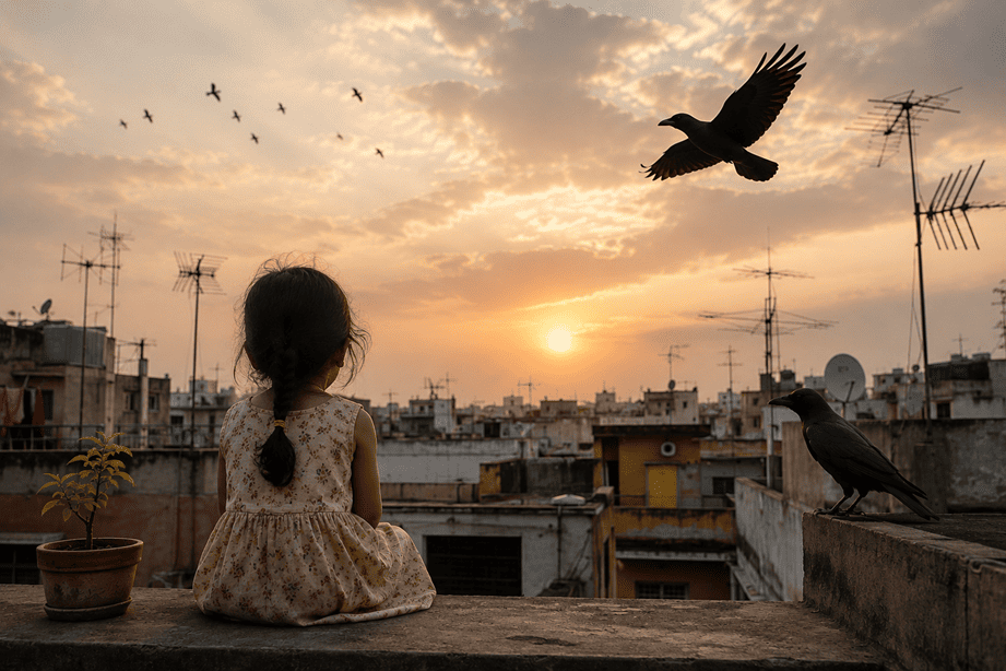 A childhood memory framed by rooftops, antennas and everyday encounters with nature.